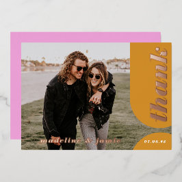 ピンクモダンイエローレトロアー結婚チありがとう 箔招待状