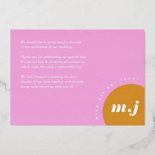 ピンクモダンイエローレトロアー結婚チありがとう 箔招待状 (裏面)