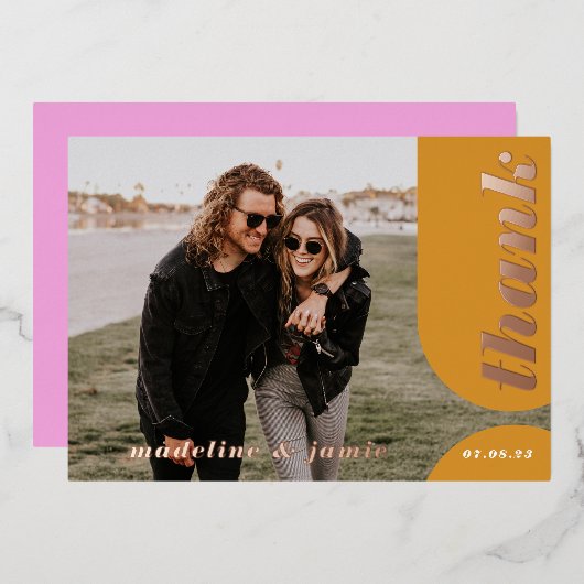 ピンクモダンイエローレトロアー結婚チありがとう 箔招待状 (正面/裏面)