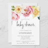 ピンクモダンイエロー牡丹フローラ赤ちゃんシャワー 招待状 (正面)