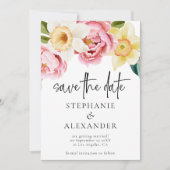 ピンクモダンイエロー花模様スクリプトQRコー結婚ド セーブザデート (正面)