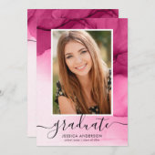 ピンクモダンインク卒業パーティーの写真 招待状 (正面/裏面)