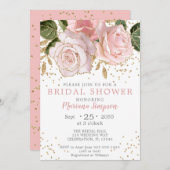 ピンクモダンウウォーター色フローラ金ゴールドグリッターインビタット 招待状 (正面/裏面)