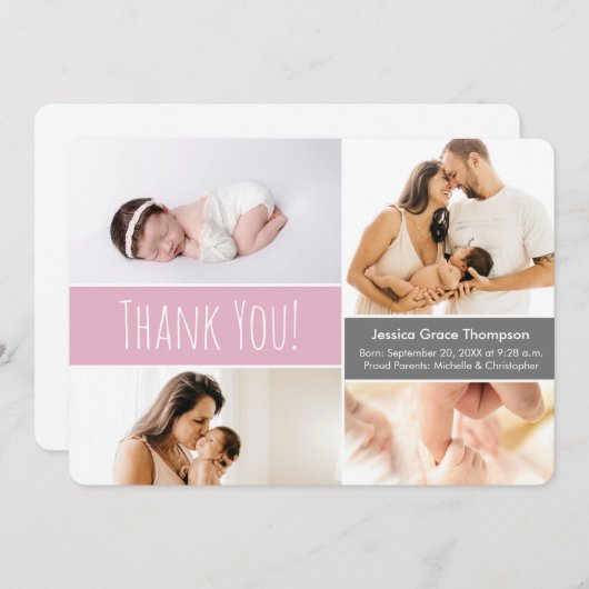ピンクモダンウェルカムホームベビーガールフォトコラージュ サンキューカード (正面/裏面)