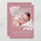 ピンクモダンウォーターカラーボタニカル新生児誕生 案内状 (正面/裏面)