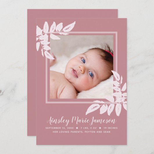 ピンクモダンウォーターカラーボタニカル新生児誕生 案内状 (正面/裏面)