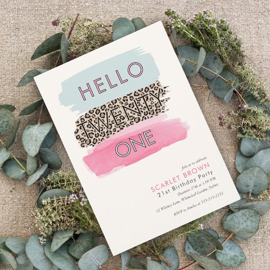 ピンクモダンウォーターストライプのカラー21歳の誕生日 招待状