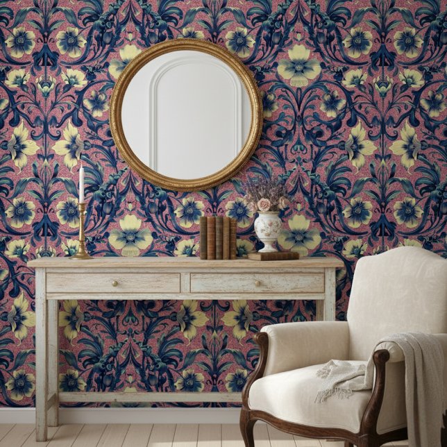 ピンクモダンエレガントとブルーのフローラバロック 壁紙 (クリエイターアップロード済み)