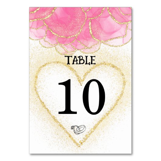 ピンクモダンエレガントと金ゴールドのハート結婚の テーブルナンバー (正面)
