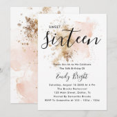 ピンクモダンエレガントと金ゴールドスクリプトSweet 16 招待状 (正面/裏面)
