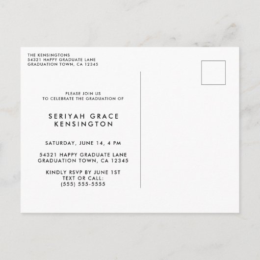 ピンクモダンエレガントの卒業スクリプトの写真 案内ポストカード (裏面)