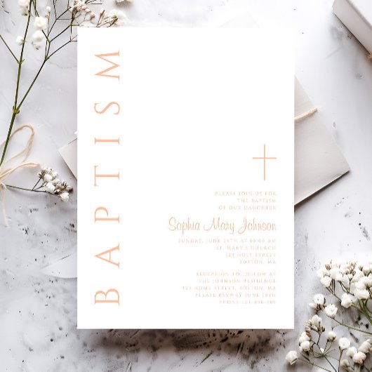 ピンクモダンエレガントの宗教十字女の洗礼 招待状