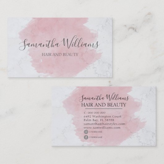 ピンクモダンエレガントの水彩大理石 名刺 (正面/裏面)