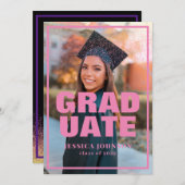 ピンクモダンエレガントグリッター写真卒業 招待状 (正面/裏面)