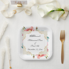 ピンクモダンエレガントフローラニカ招待状 ペーパープレート