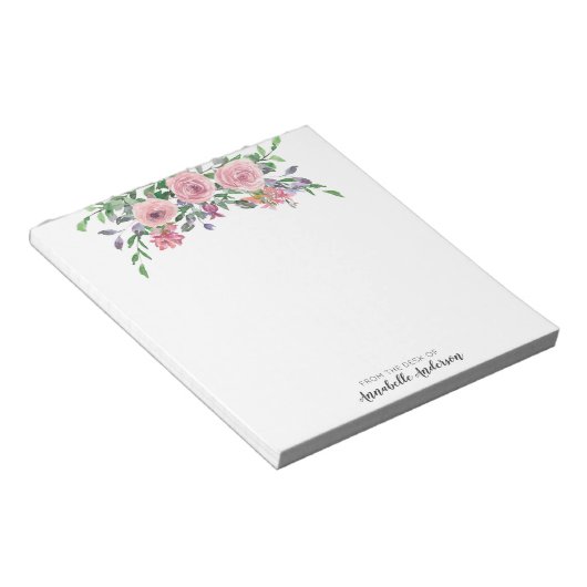 ピンクモダンエレガントフローラブーケウォータカラーバラ ノートパッド (アングル)