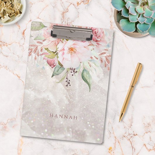 ピンクモダンエレガントローズ牡丹フローラ大理石 クリップボード