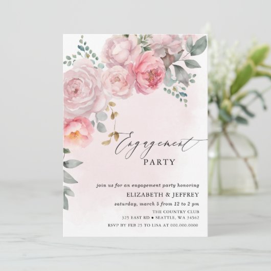 ピンクモダンエレガント赤面フローラ婚約パーティ 招待状 (スタンド正面)