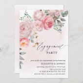 ピンクモダンエレガント赤面フローラ婚約パーティ 招待状 (正面/裏面)