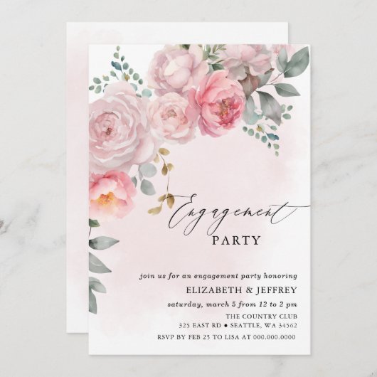 ピンクモダンエレガント赤面フローラ婚約パーティ 招待状 (正面/裏面)