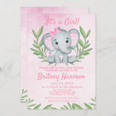 ピンクモダンエレファントサファリガールベビーシャワー 招待状 (正面/裏面)