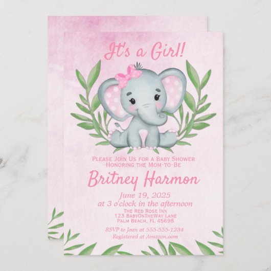 ピンクモダンエレファントサファリガールベビーシャワー 招待状 (正面/裏面)