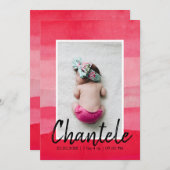 ピンクモダンオグラデーションワーターカラーフォトガール誕生 案内状 (正面/裏面)