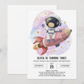 ピンクモダンオデッセイ宇宙飛行士誕生日 招待状 (正面/裏面)