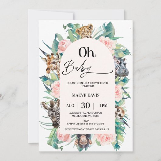 ピンクモダンオベビーアーチ型サファリベイビーシャワー 招待状 (正面)