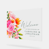 ピンクモダンオレンジのフローラ結婚の歓迎 アクリルサイン (傾斜)