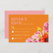 ピンクモダンオレンジイエローフローラ結婚式RSVP エンクロージャーカード (正面/裏面)