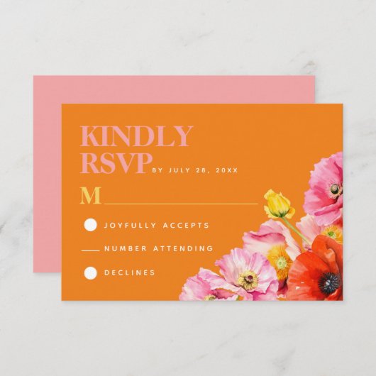 ピンクモダンオレンジイエローフローラ結婚式RSVP エンクロージャーカード (正面/裏面)