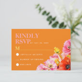 ピンクモダンオレンジイエローフローラ結婚式RSVP エンクロージャーカード (スタンド正面)
