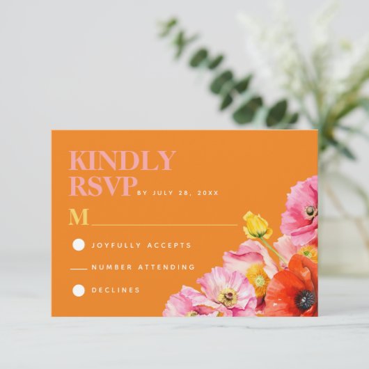 ピンクモダンオレンジイエローフローラ結婚式RSVP エンクロージャーカード (スタンド正面)