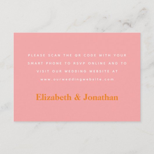 ピンクモダンオレンジイエロー結婚のQRコードRSVP エンクロージャーカード (裏面)