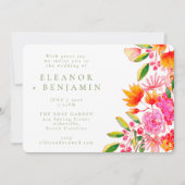 ピンクモダンオレンジグリーン水カラーフローラ結婚 招待状 (正面)