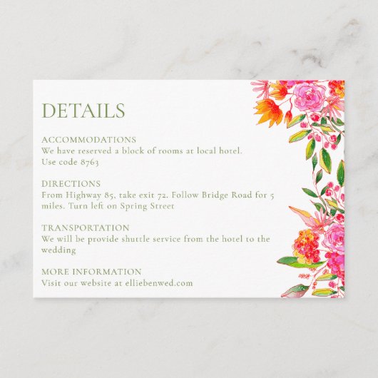 ピンクモダンオレンジグリーン結婚フラワーの詳細 エンクロージャーカード (正面)