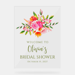 ピンクモダンオレンジフローラブライダルシャワーへようこそ アクリルサイン