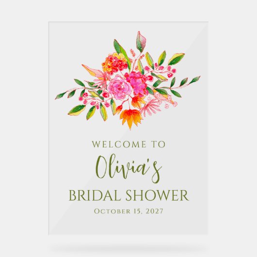 ピンクモダンオレンジフローラブライダルシャワーへようこそ アクリルサイン (正面)