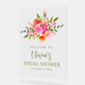 ピンクモダンオレンジフローラブライダルシャワーへようこそ アクリルサイン (傾斜)