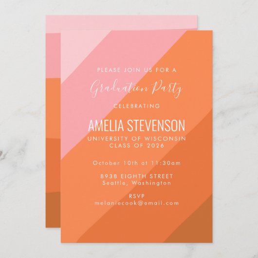 ピンクモダンオレンジレトロ卒業カラフルパーティー 招待状 (正面/裏面)