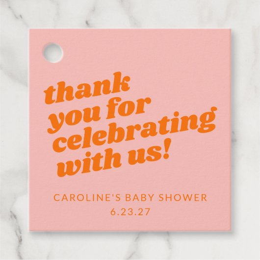 ピンクモダンオレンジレトロ赤ちゃんシャワーありがとう フェイバータグ (正面)