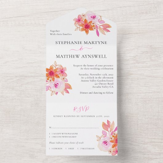 ピンクモダンオレンジ色の水の色のフローラ結婚の オールインワン招待状 (内側)