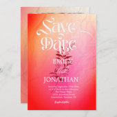 ピンクモダンオレンジ色の水彩タイポグラフィ セーブザデート (正面/裏面)