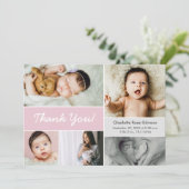 ピンクモダンカスタム色フォトコラージュベビーガール誕生 サンキューカード (スタンド正面)