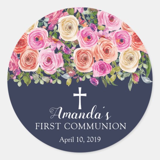 ピンクモダンカラフルフローラ第1聖餐式 ラウンドシール (正面)