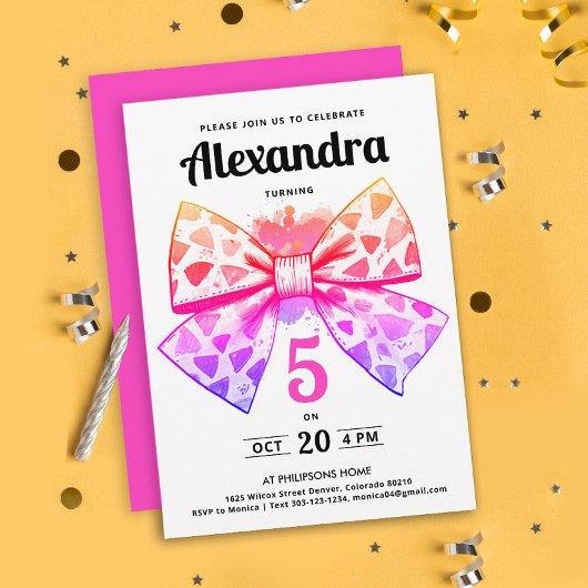 ピンクモダンガーリーグラディエント弓水カラー誕生日 招待状