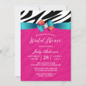ピンクモダンガーリーゼブラ印刷リボンブライダルシャワー 招待状 (正面)