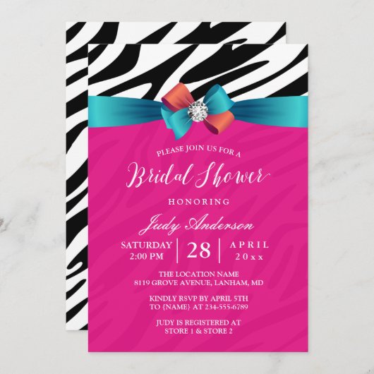 ピンクモダンガーリーゼブラ印刷リボンブライダルシャワー 招待状 (正面/裏面)