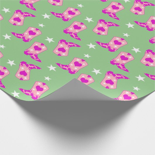 ピンクモダンガーリー女性のカーボーイウエスタンブーツグリーン ラッピングペーパー (角)